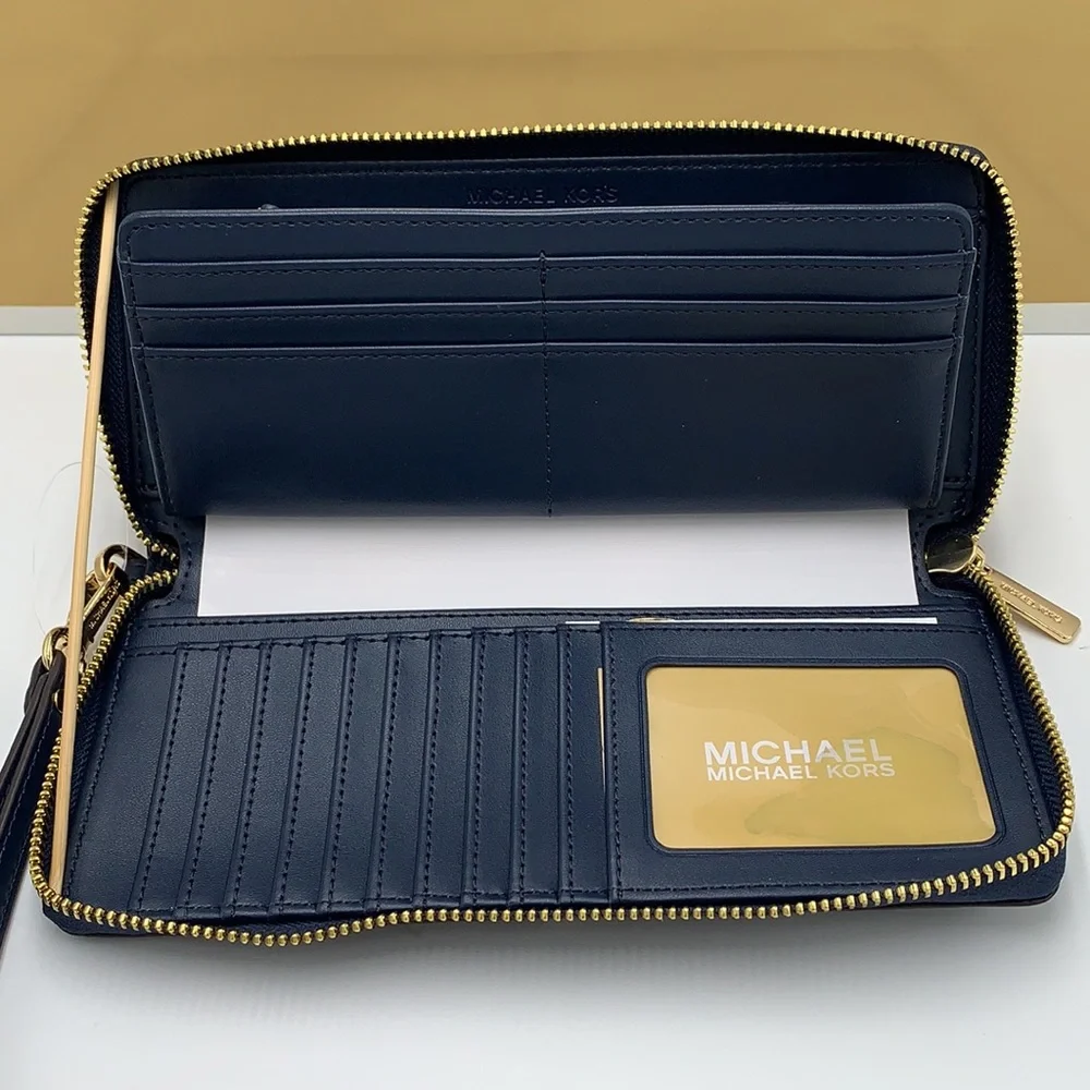 MICHAEL KORS Large Travel Continental Leather WALLET WRISTLET NAVY COLOR